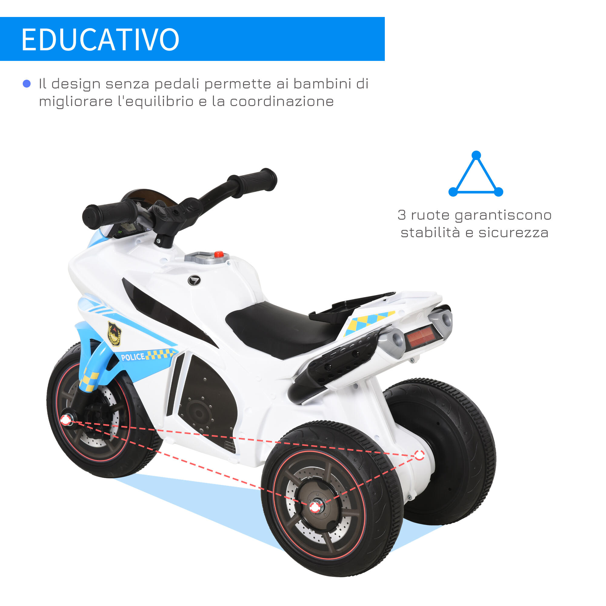 HOMCOM Moto Giocattolo 3 Ruote per Bambini 18-36 Mesi Stile Polizia Azzurro 7/7