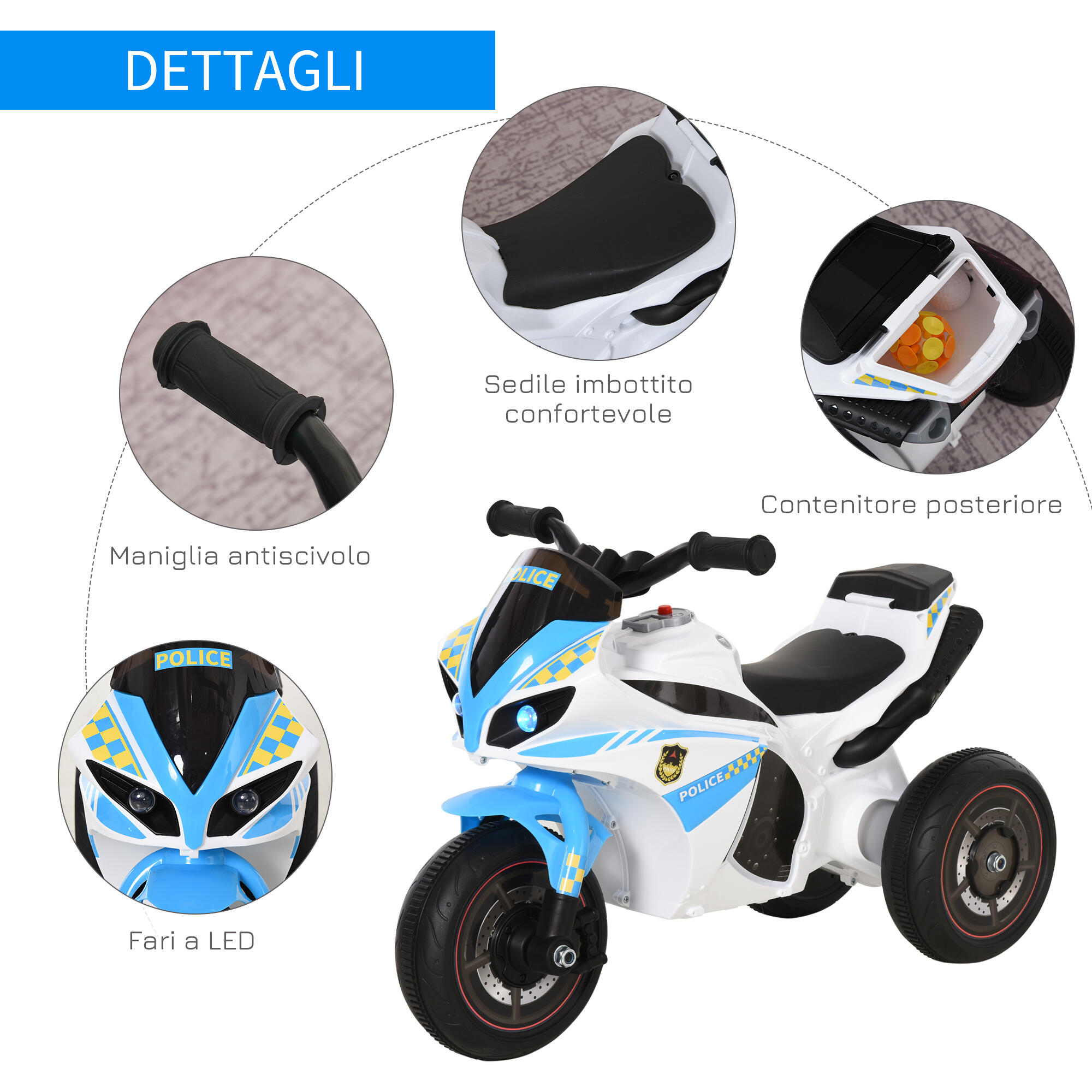 HOMCOM Moto Giocattolo 3 Ruote per Bambini 18-36 Mesi Stile Polizia Azzurro 4/7