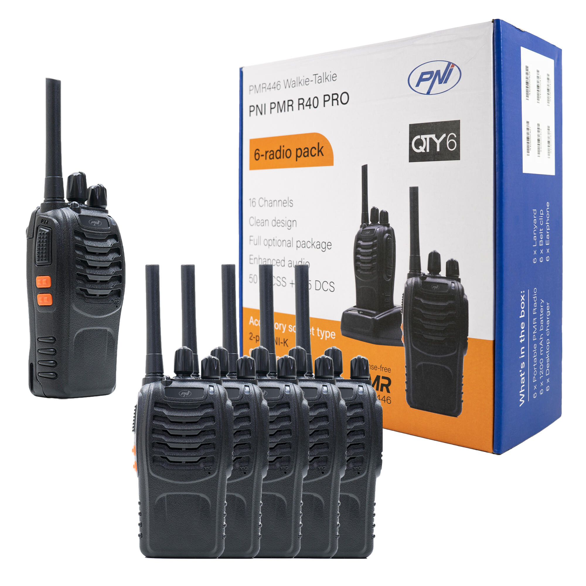 Paquet 6 Radio PNI PMR R40 PRO, batteries, chargeurs et écouteurs inclus 6/7