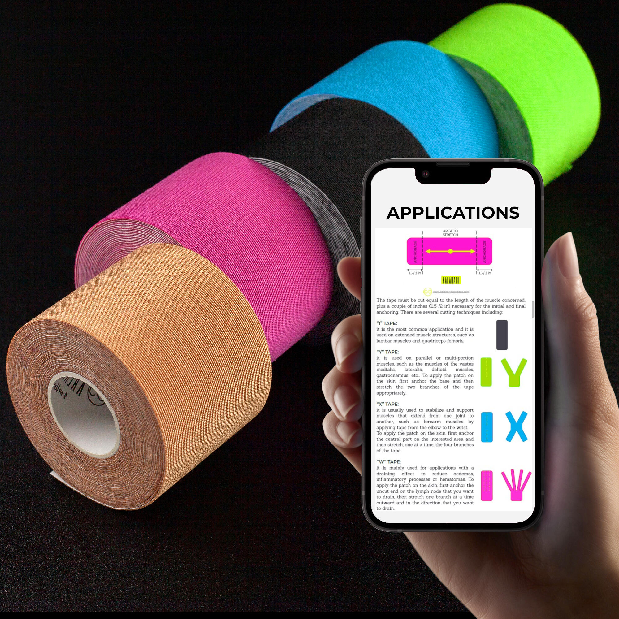 6 Rouleaux Bande de Kinésiologie Professionnelle plus e-Book, Kinesio 5cm x 5m 2/6