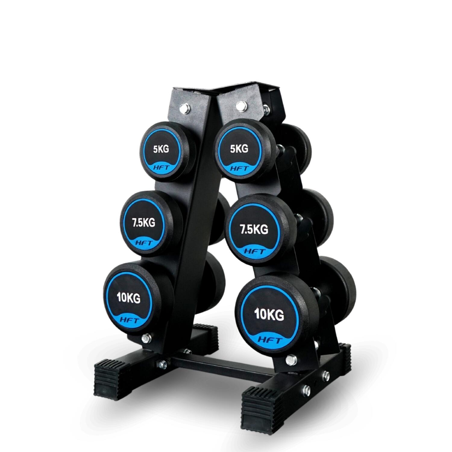 Round Dumbbell HFT Set 3 pairs 5/7.5/10 kg with R301 Rack - Homefittools
