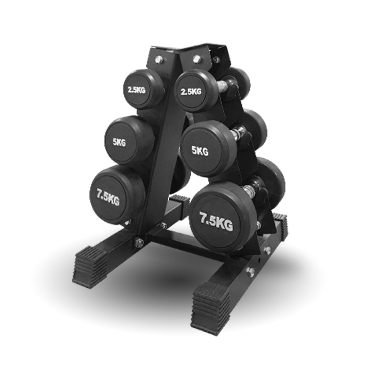 Set of 3 dumbbells, 2.5/5/7.5 kg, round type, with rack R301 - Homefittools