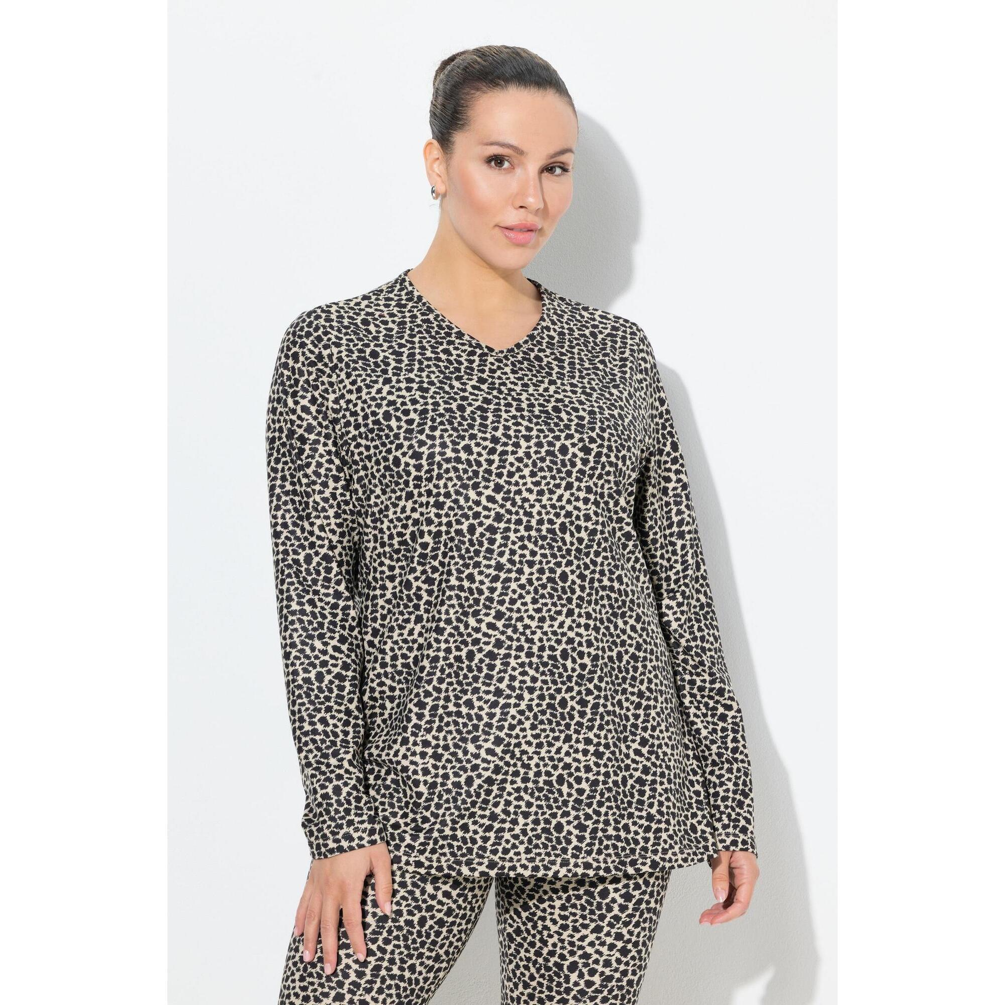 Ulla Popken - Femme T-shirt Technique De Ski À Col En V Et Manches Longues Motif Léopard - T-shirt Manches Longues - Noir - Decathlon