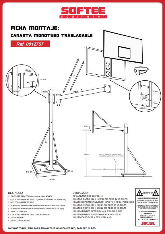 JUEGO CANASTAS BALONCESTO DELUXE MONOTUBO TUBO 100 TRASLADABLE -SIN TABLERO 4/7