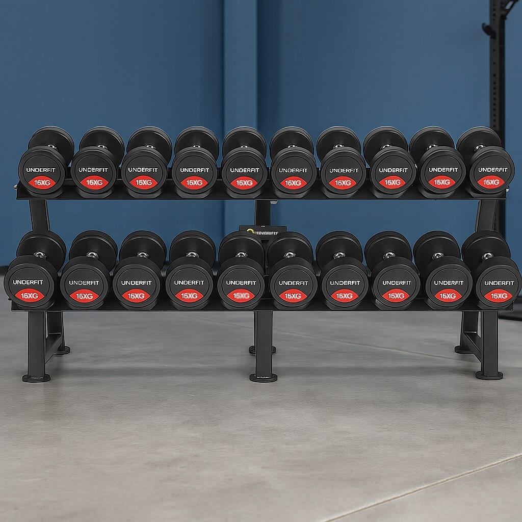 Zestaw hantli gumowanych 2 x 10-30 kg - 10 par (390 kg) UNDERFIT + stojak STR23 1/7
