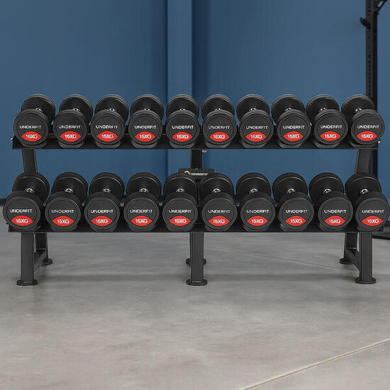 Zestaw hantli gumowanych 2 x 10-30 kg - 10 par (390 kg) UNDERFIT + stojak STR23