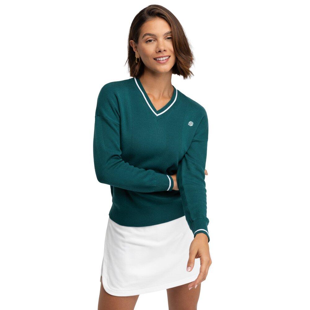 SIROKO Camisola de golfe de malha com decote em V para mulher Gimme Teal Verde