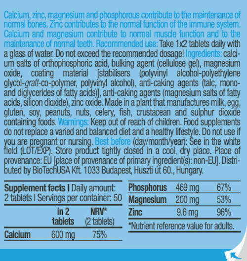 Calcio Zinc Magnesio - 100 Tabletas de Biotech USA 3/5