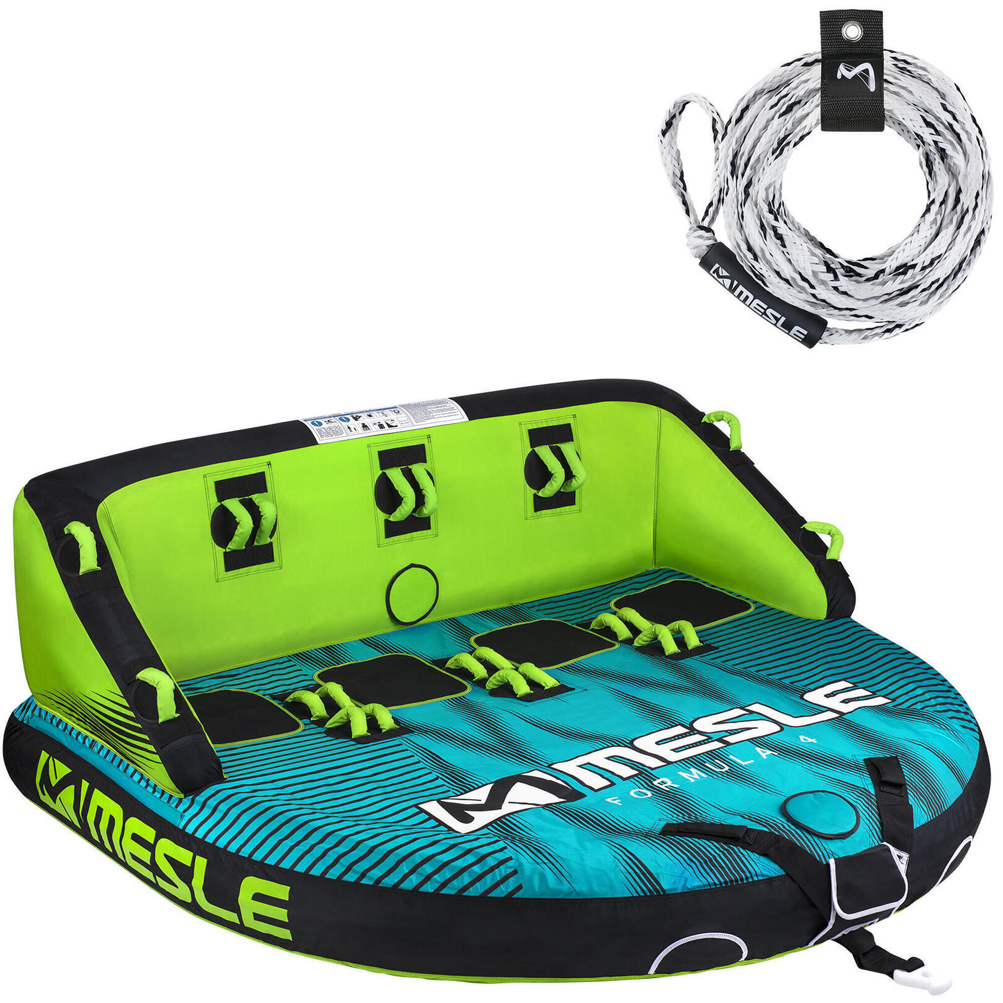 Mesle - Pack Bouée Tractée Formula 2 - 4 Personnes Avec Corde Gonflable Bateau & Jet Ski - Bouée Tractée - Bleu|turquoise - 4 Places - Decathlon
