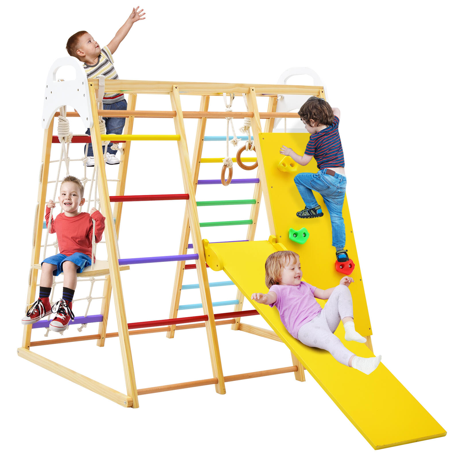 Climb Playset 8-in-1 Wood Climbing Frame Swing Slide Multi-color 127x118x138