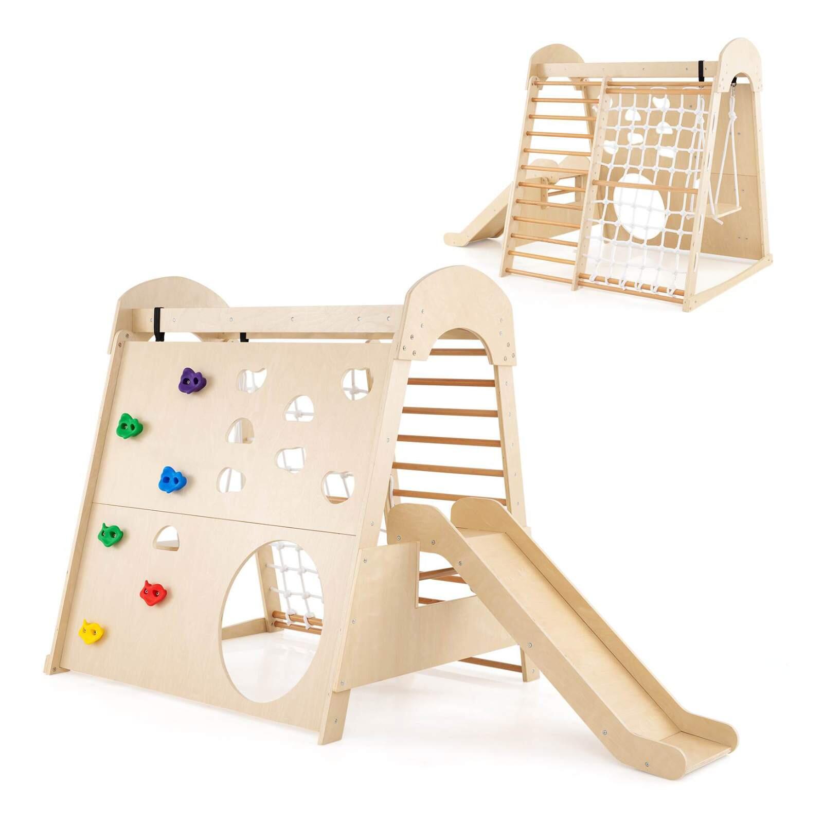 8-in-1 Wooden Jungle Gym w/Wall Net Swing Slide Multi