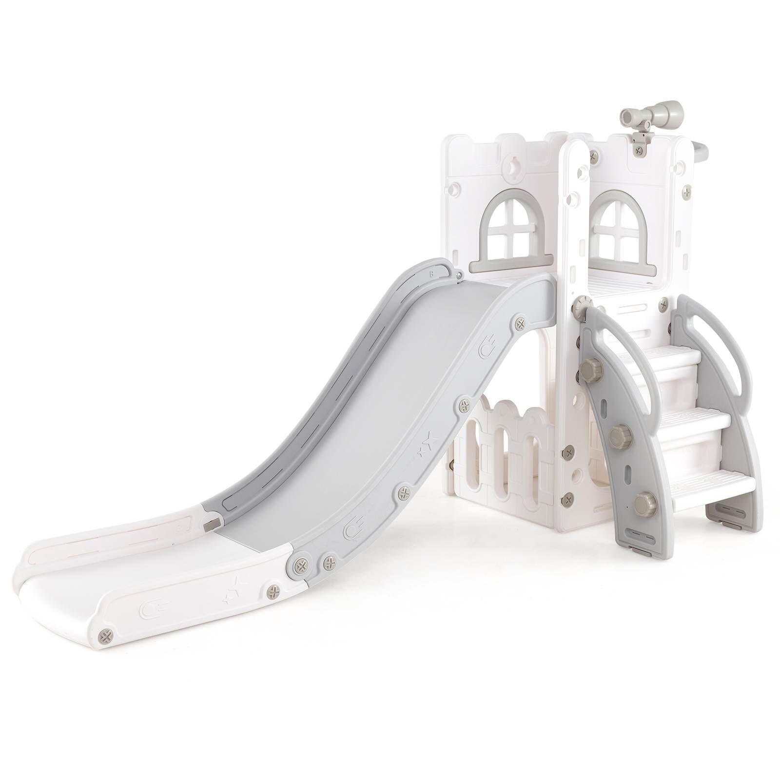 6 in 1 L-shaped Toddler Slide Playset w/Basketball Hoop & Telescope 69x145x85