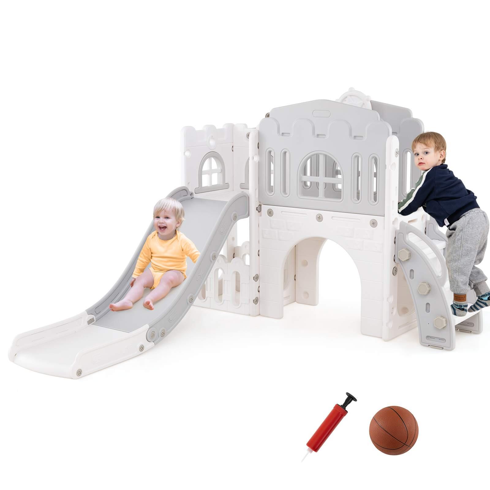 9 in 1 Slide Set Slide & Climber Playset w/Basketball Hoop 176x138x102