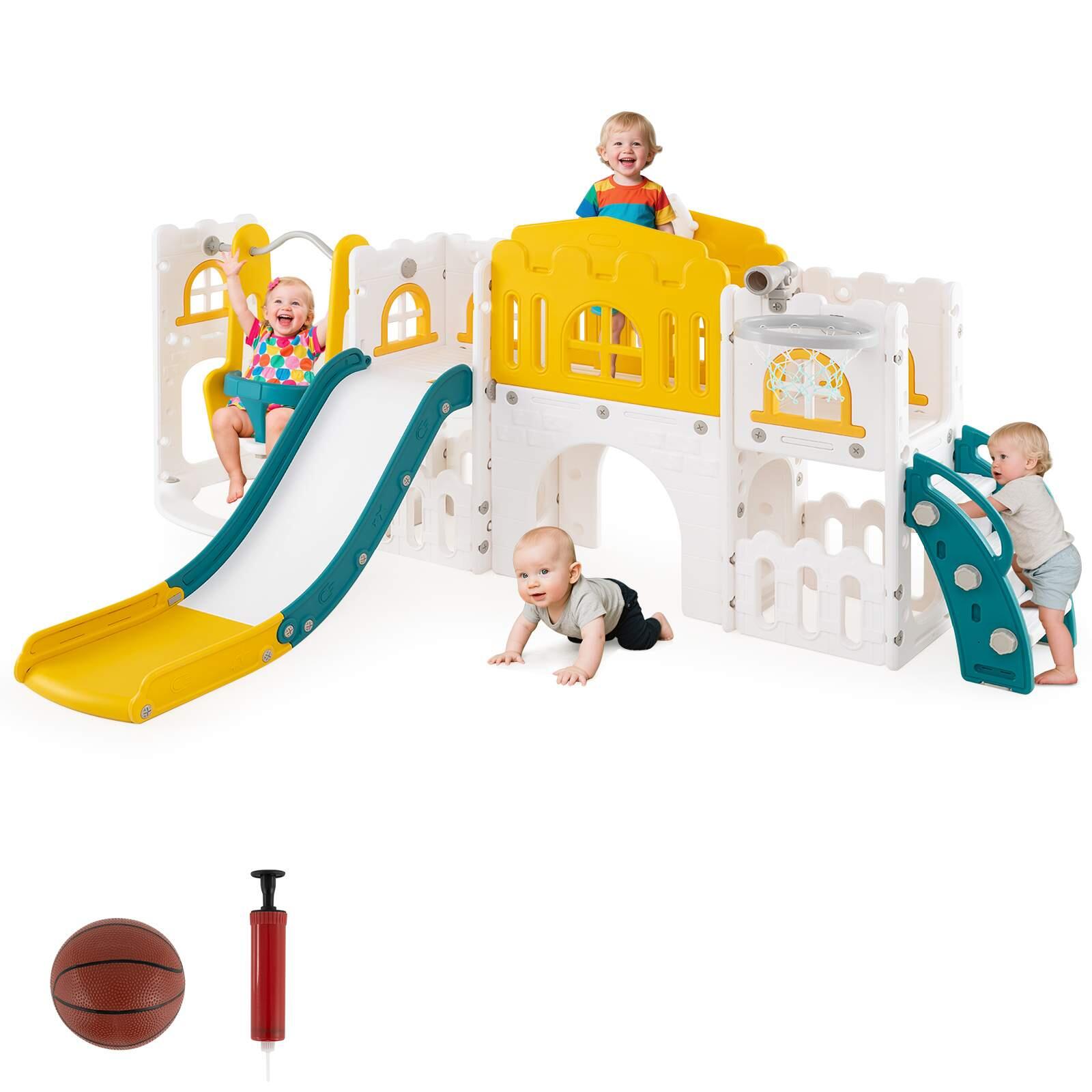 10 in 1 Slide Swing Set w/Basketball Hoop 252x150x102