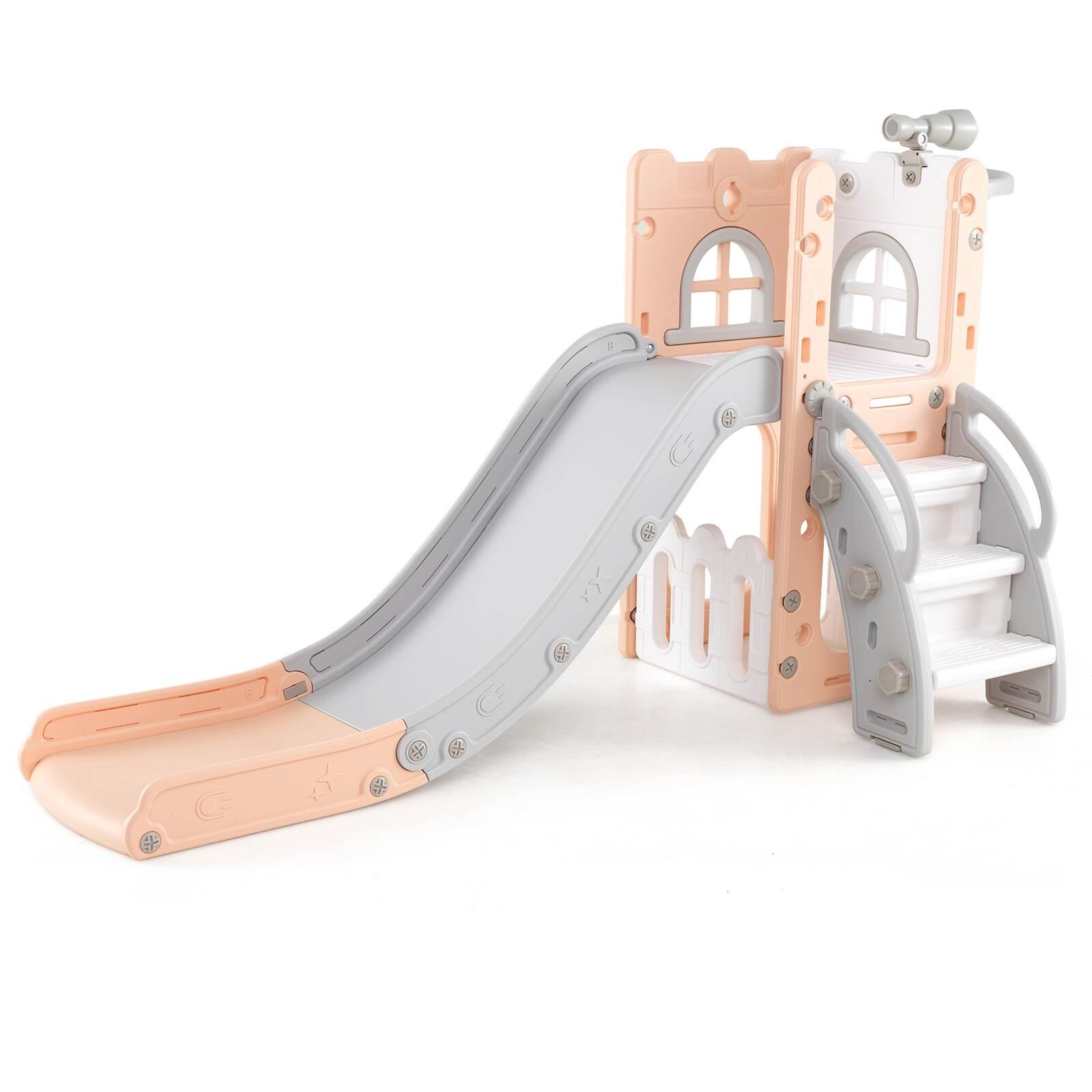 6 in 1 L-shaped Toddler Slide Playset w/Basketball Hoop & Telescope 69x145x85