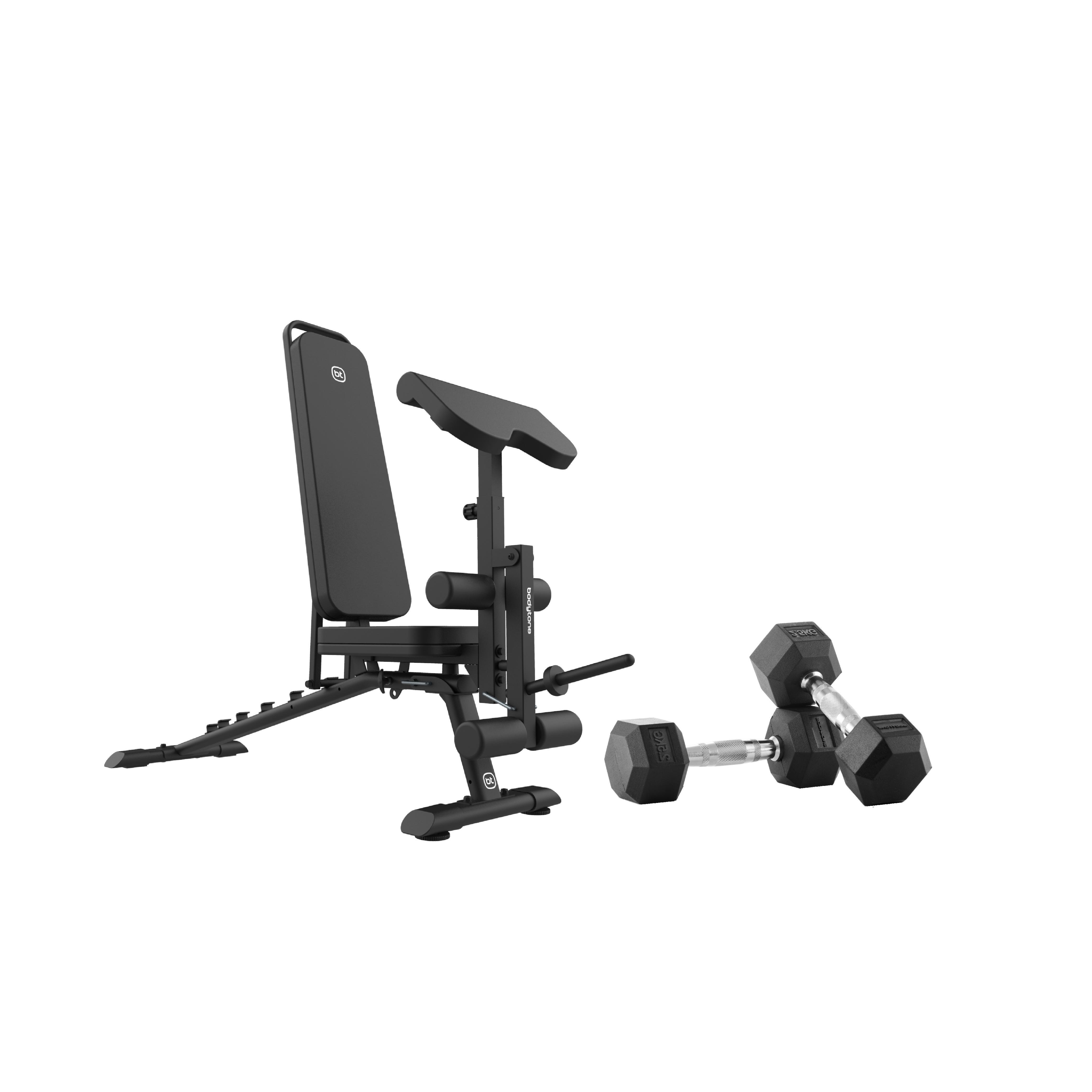 Pack musculação: banco dobrável e ajustável + set de halteres hexagonais