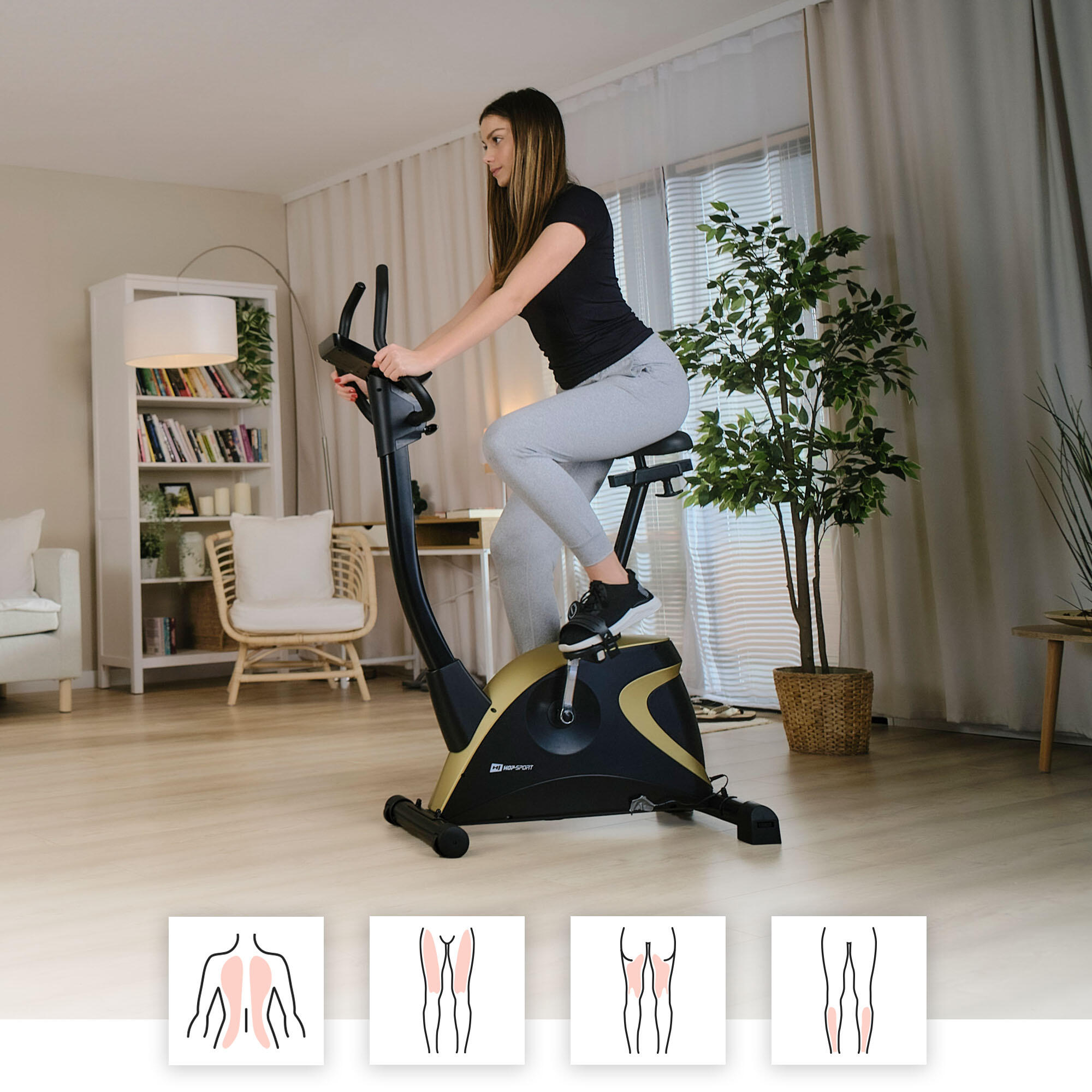 Vélo d'appartement électromagnétique Hop-Sport HS-005H Host, Doré 2/7