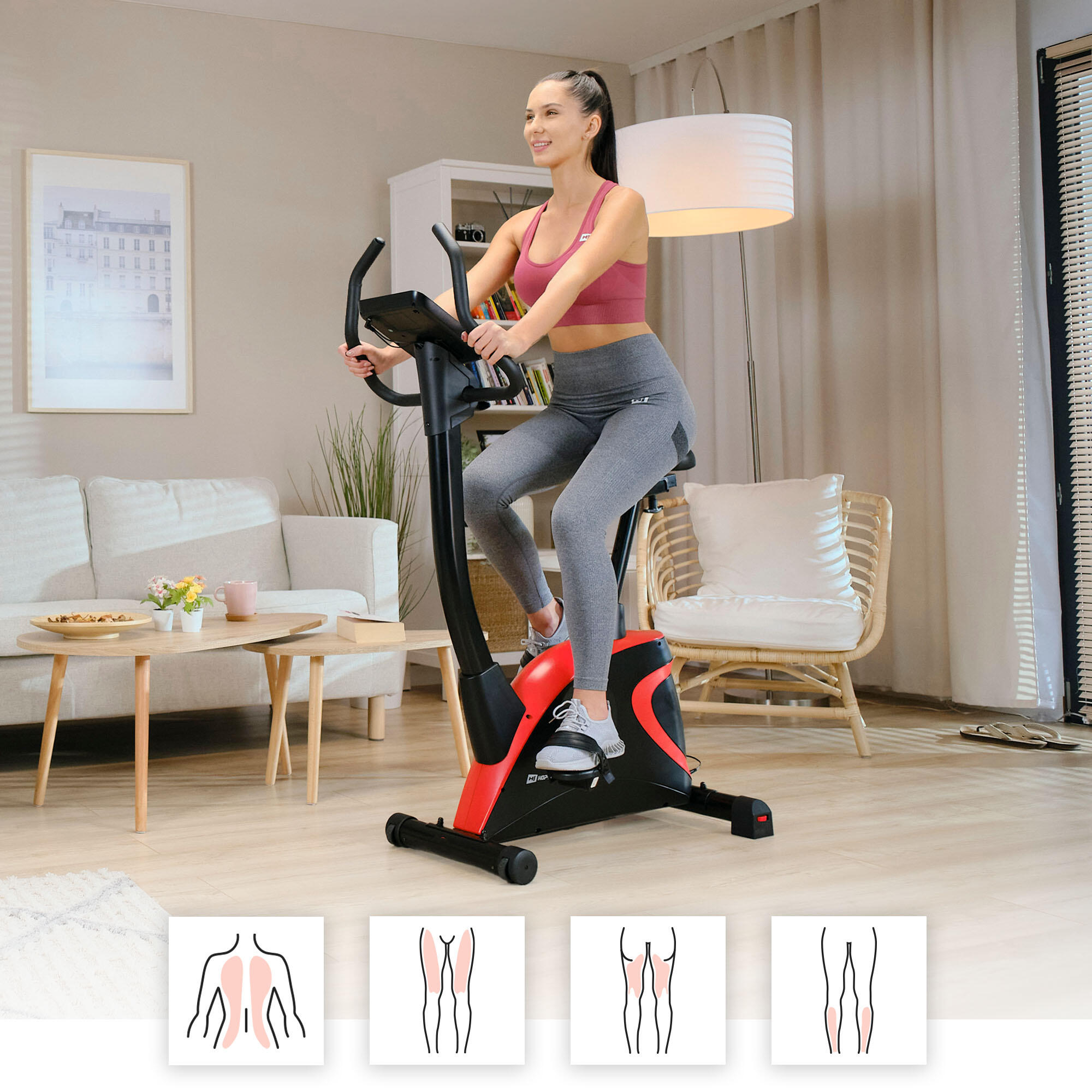 Vélo d'appartement électromagnétique Hop-Sport HS-005H Host, Rouge 2/7