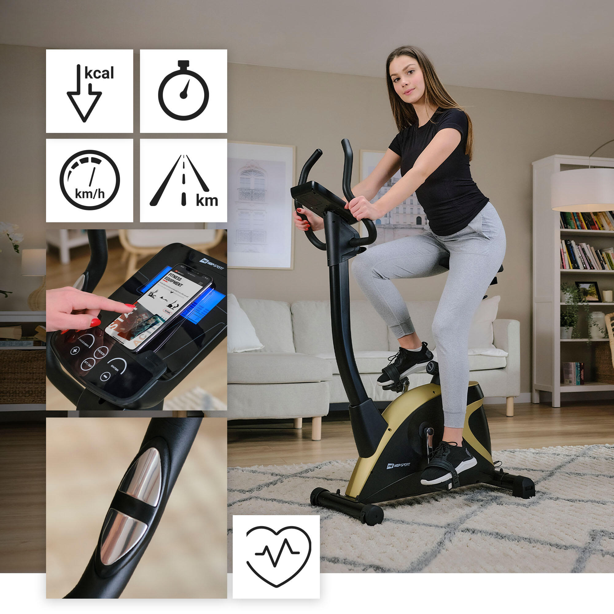 Vélo d'appartement électromagnétique Hop-Sport HS-005H Host, Doré 6/7