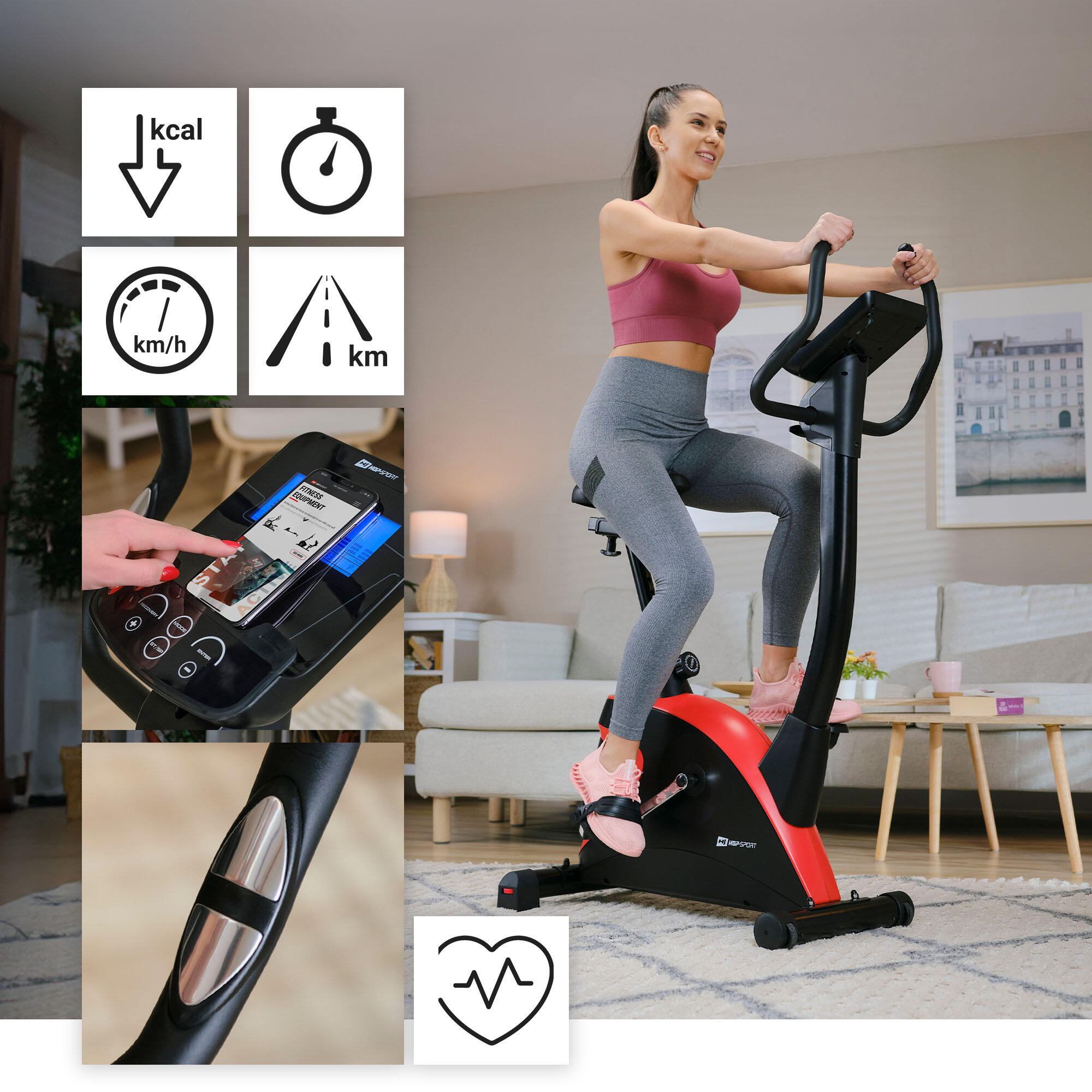 Vélo d'appartement électromagnétique Hop-Sport HS-005H Host, Rouge 6/7