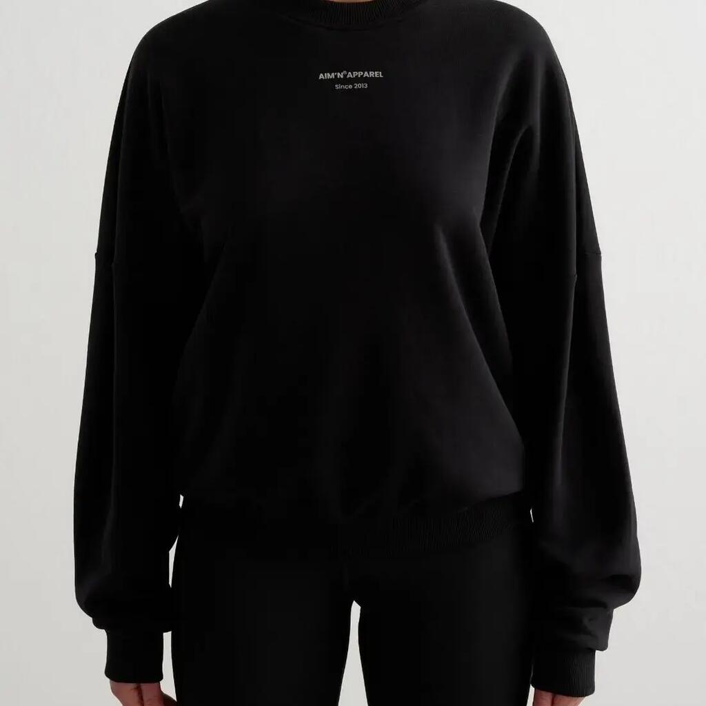 Women's Sweatshirt Terry Relaxed Crewneck Ribbed Black