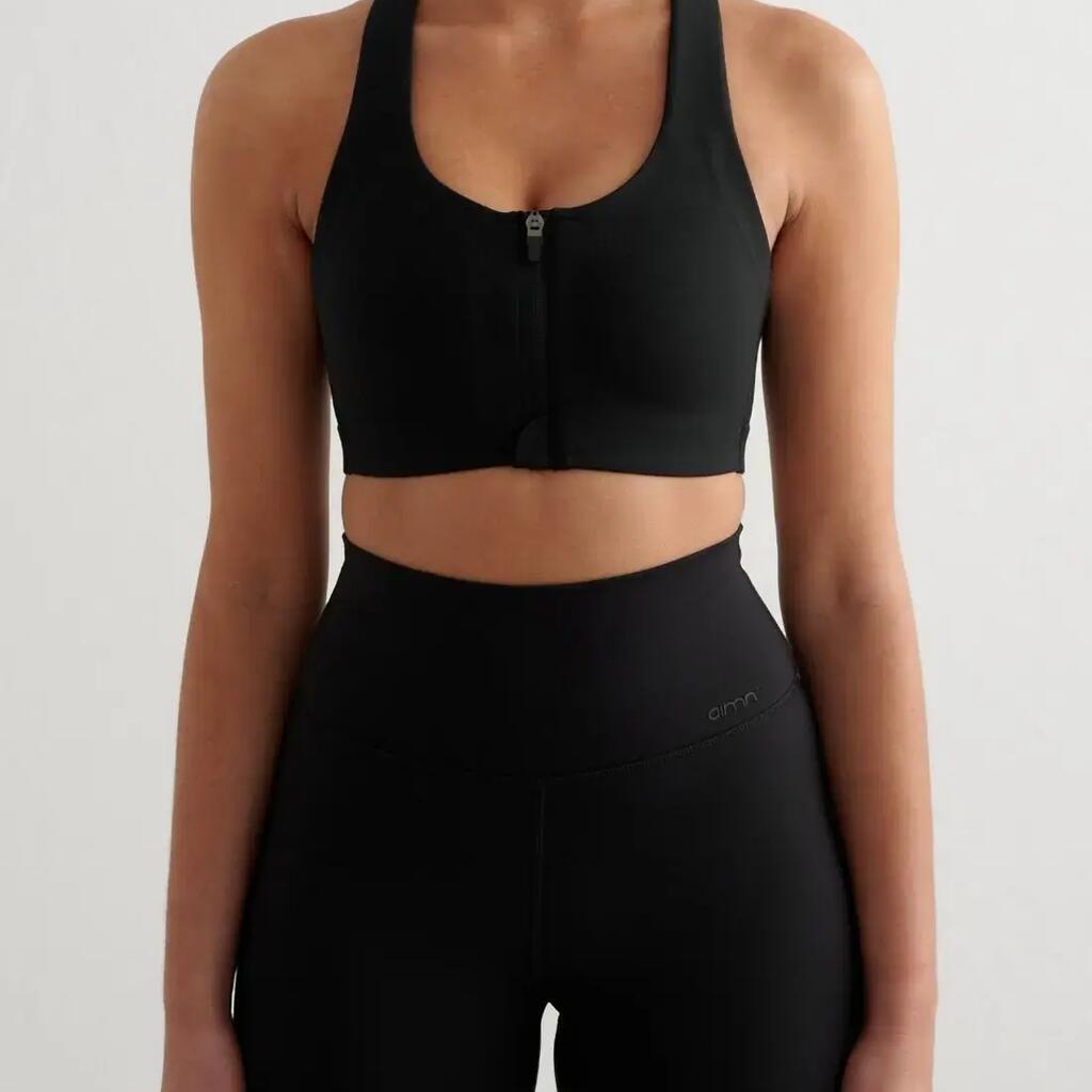Women's Sports Bra High Support Molded Cups Front Zip Racerback Sense Black