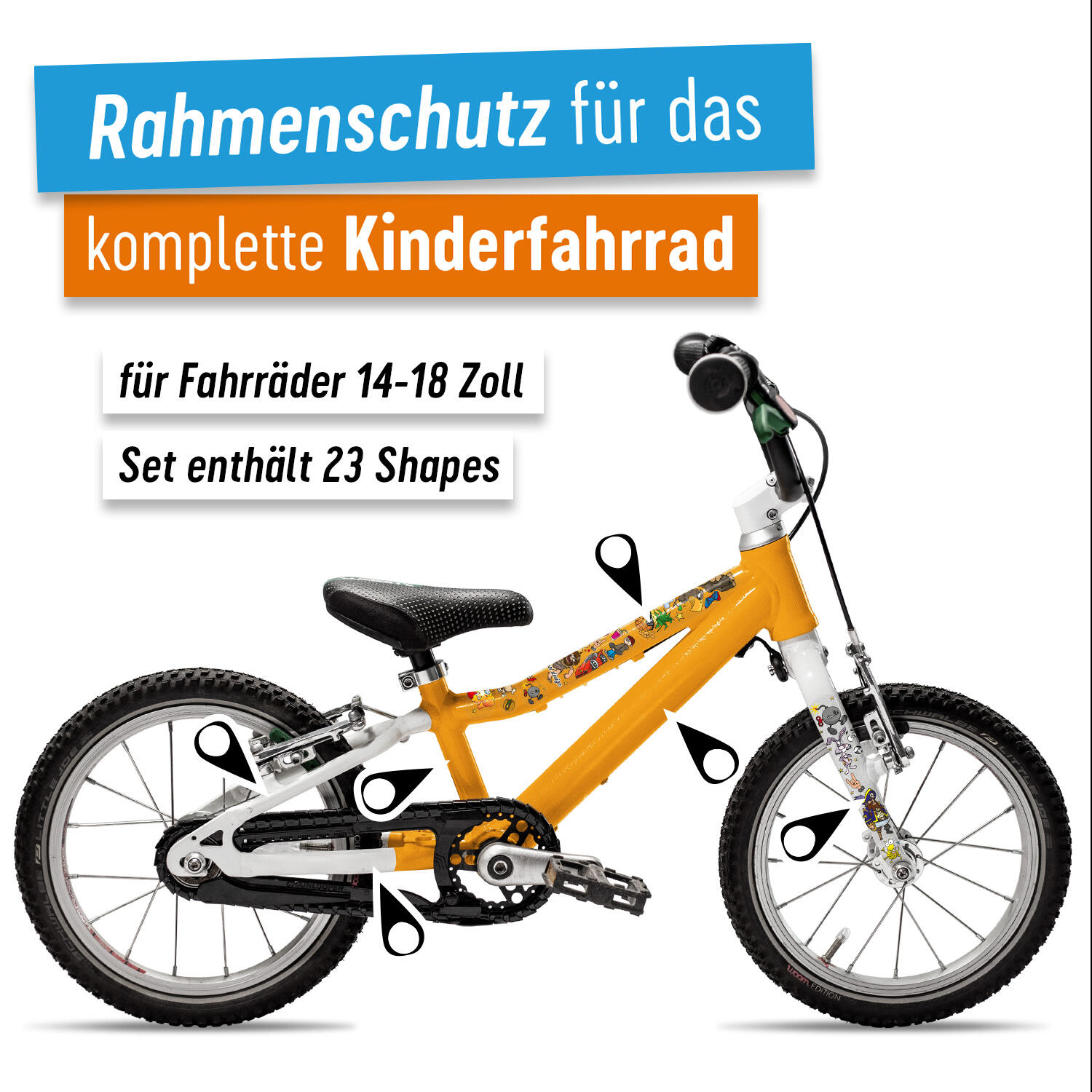 Aufkleber Schutzfolie Rahmenschutz für Kinderfahrräder 23-teilig 14'' - 18'' 2/7