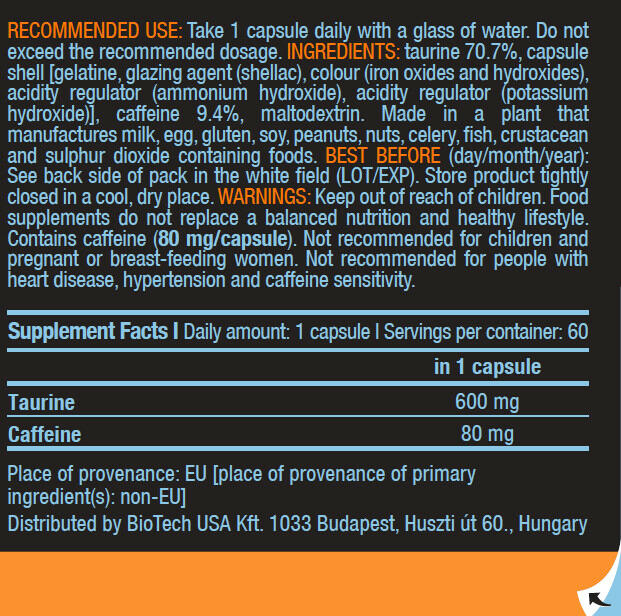 Cafeïne + Taurine 60caps Biotech 3/5