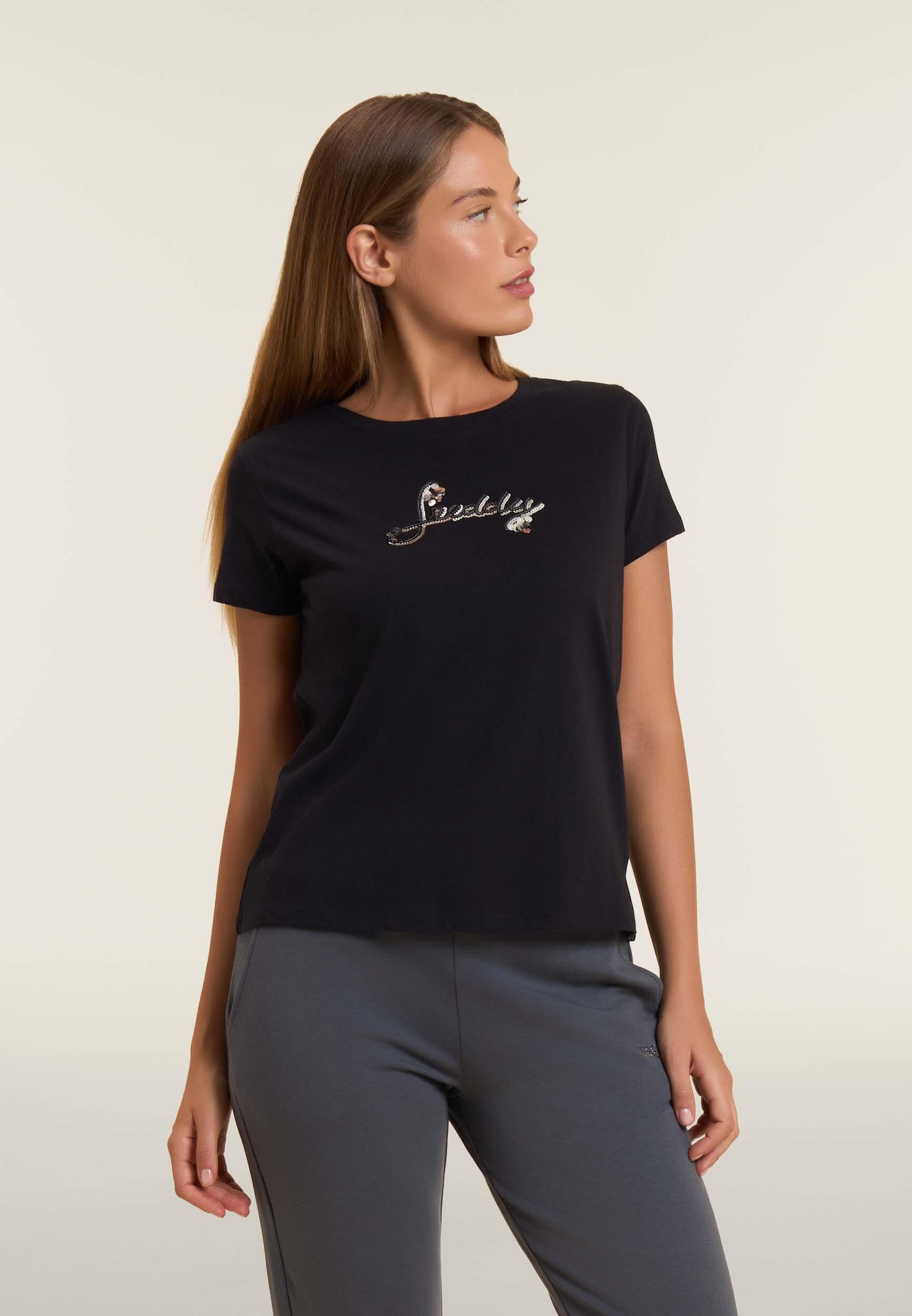 T-shirt in cotone Supima con logo in paillettes bicolore 2/4