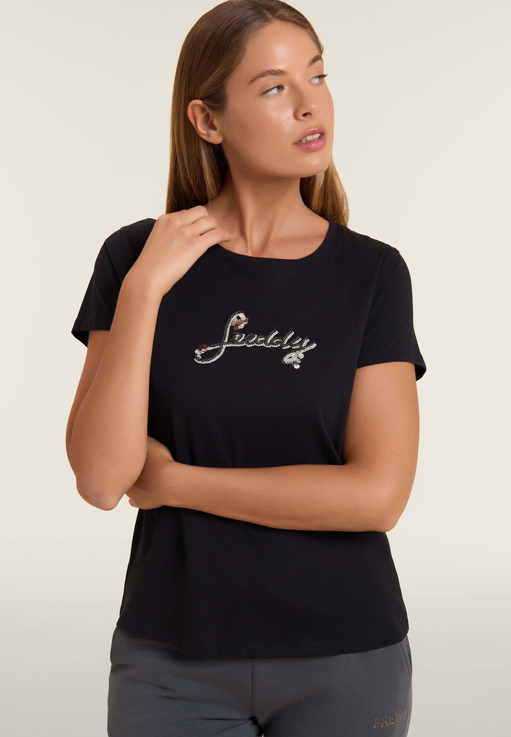 T-shirt in cotone Supima con logo in paillettes bicolore 4/4