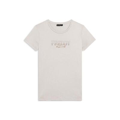 T-shirt donna con mini spacchi laterali e logo in strass