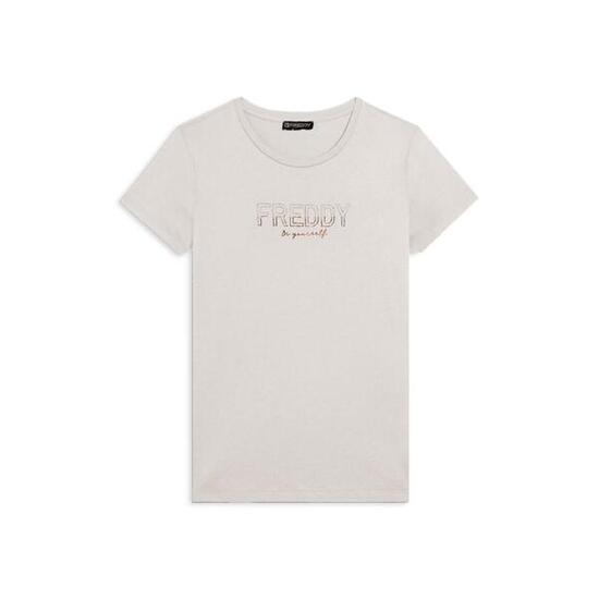 T-shirt donna con mini spacchi laterali e logo in strass