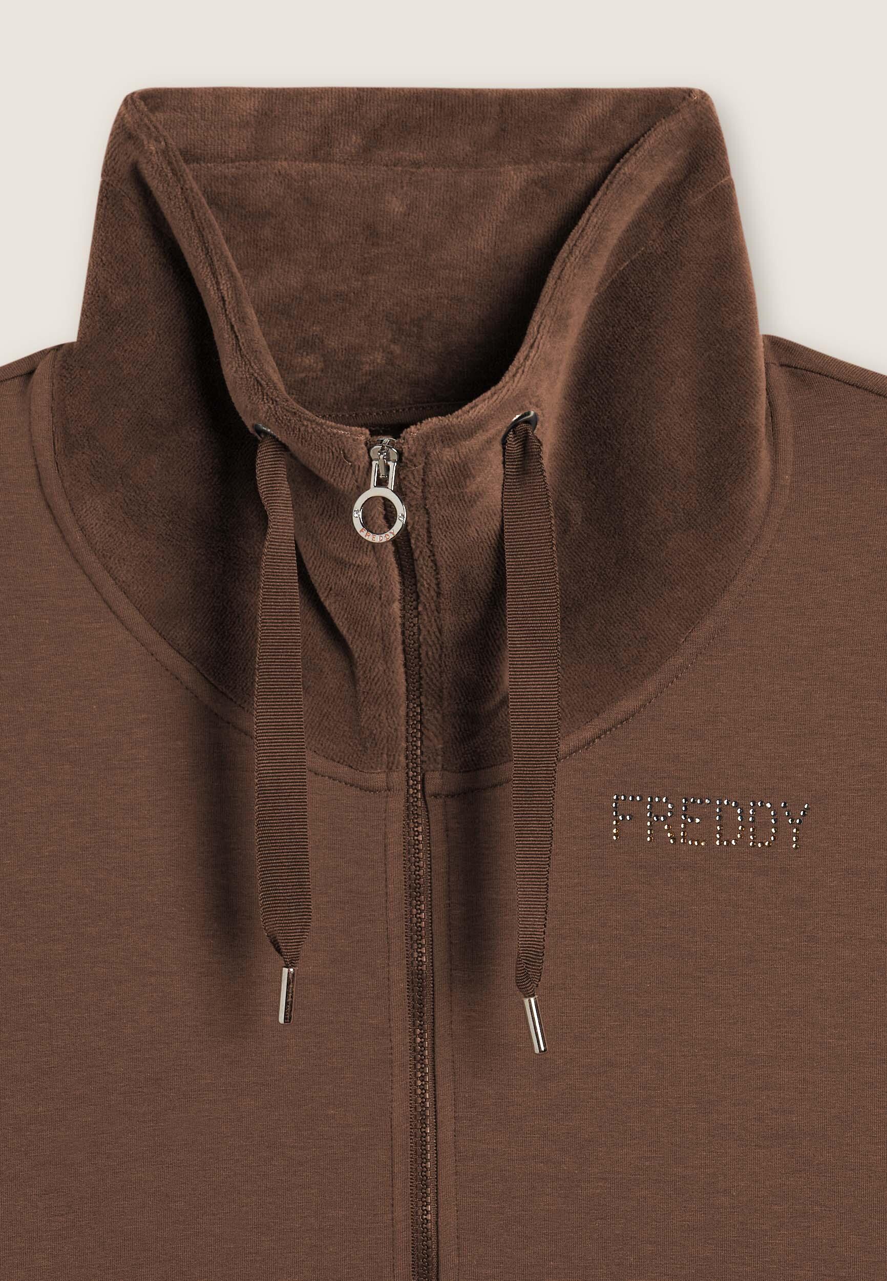 Felpa da donna con zip, spacchi laterali e collo alto in velluto 3/3