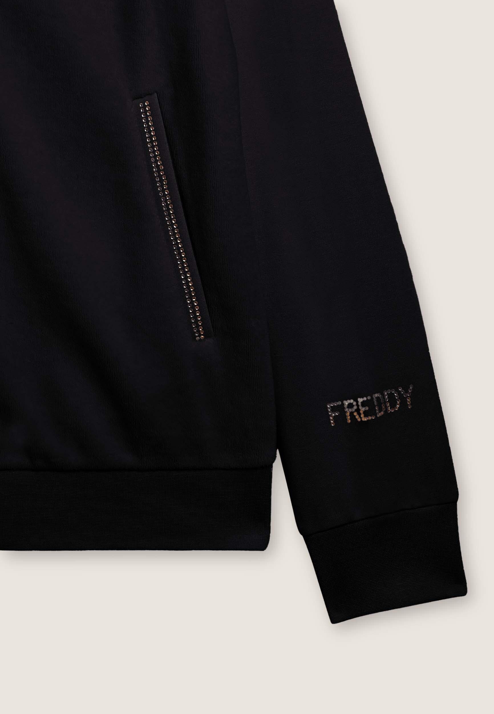 Felpa collo alto da donna in velluto con zip e logo strass 3/3