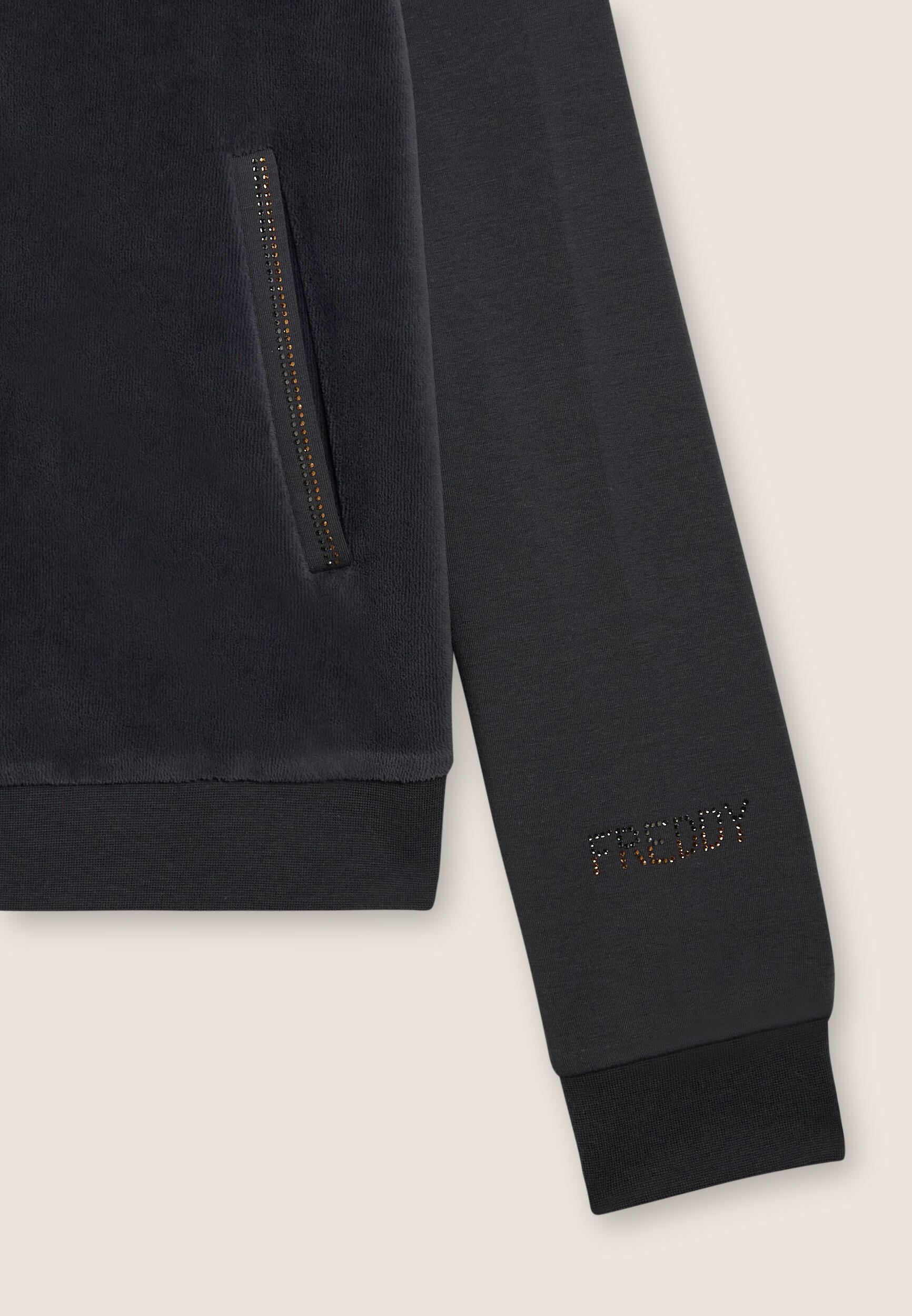 Felpa collo alto da donna in velluto con zip e logo strass 3/3