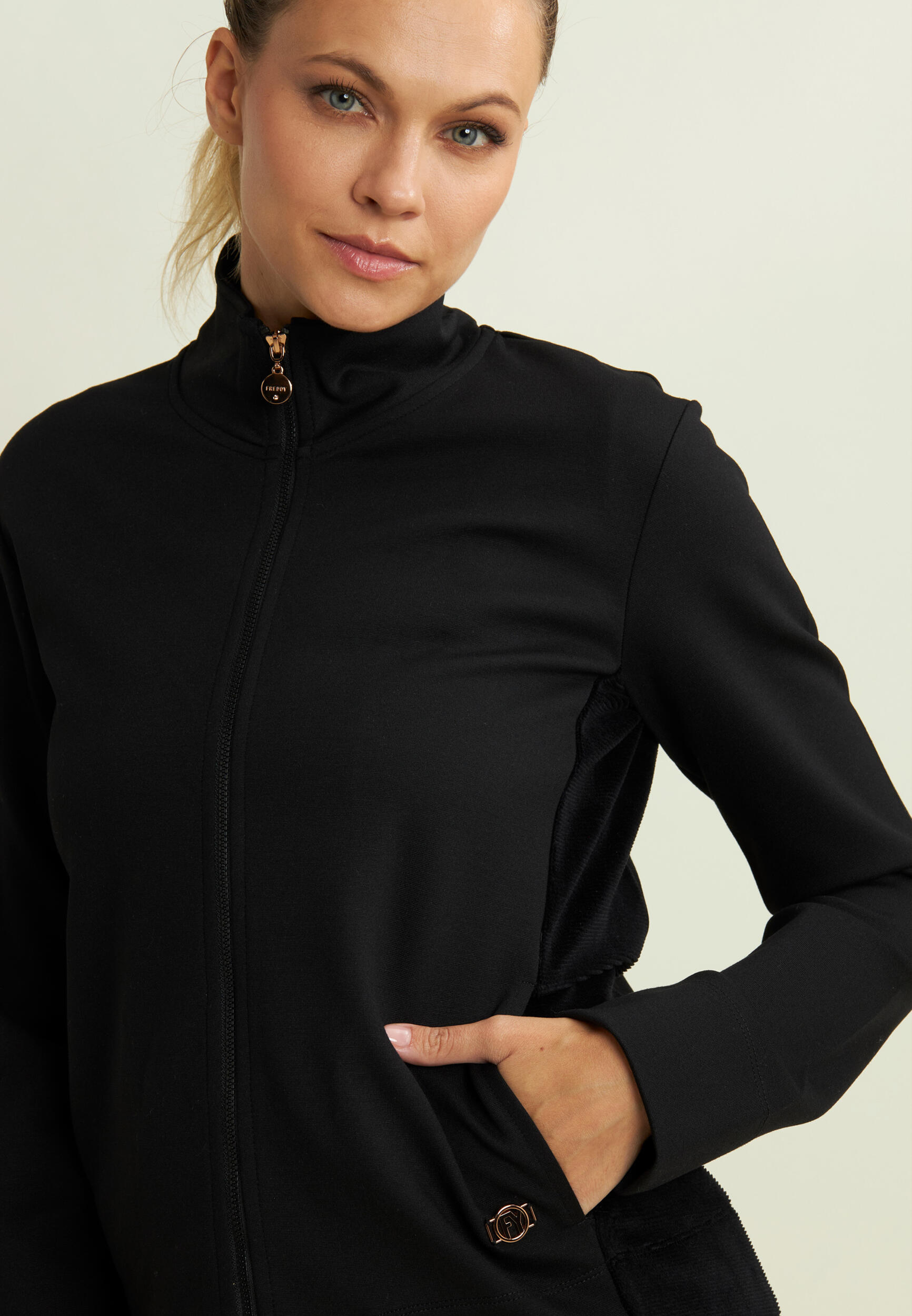 Felpa full zip in viscosa con inserti in ciniglia 4/5
