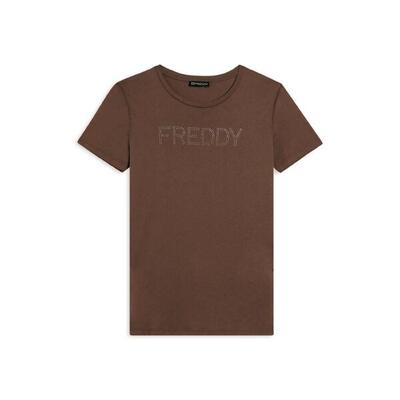 T-shirt donna con logo in strass bicolori