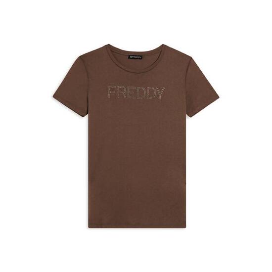 T-shirt donna con logo in strass bicolori