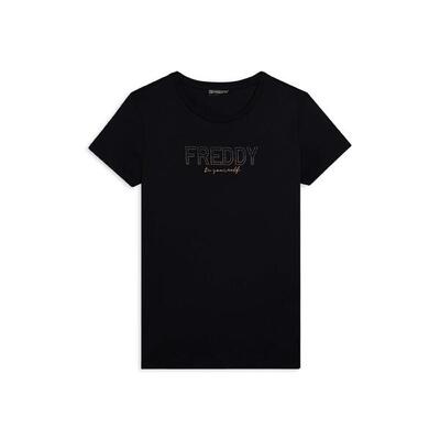 T-shirt donna con mini spacchi laterali e logo in strass