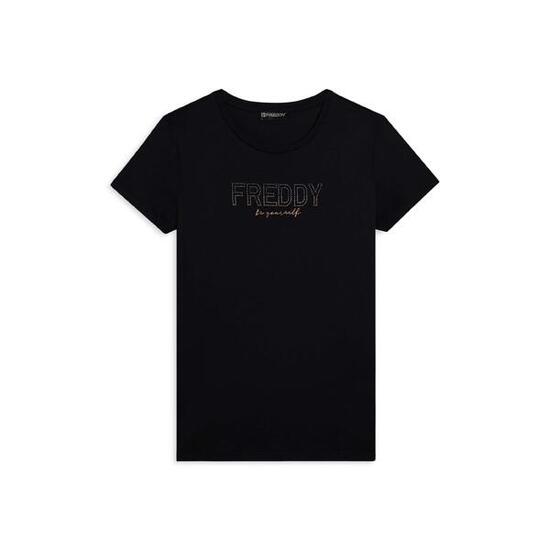 T-shirt donna con mini spacchi laterali e logo in strass