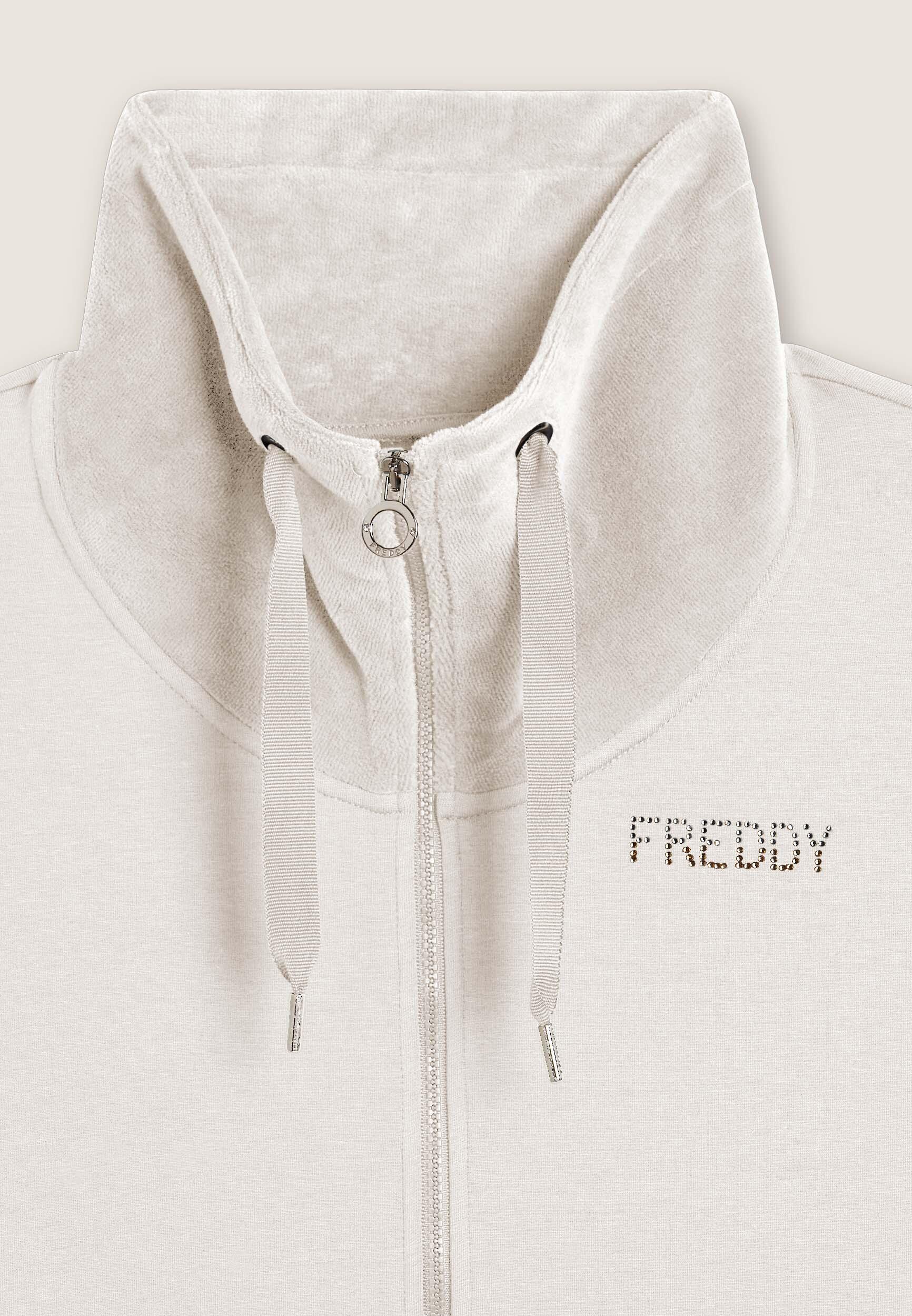 Felpa da donna con zip, spacchi laterali e collo alto in velluto 3/3