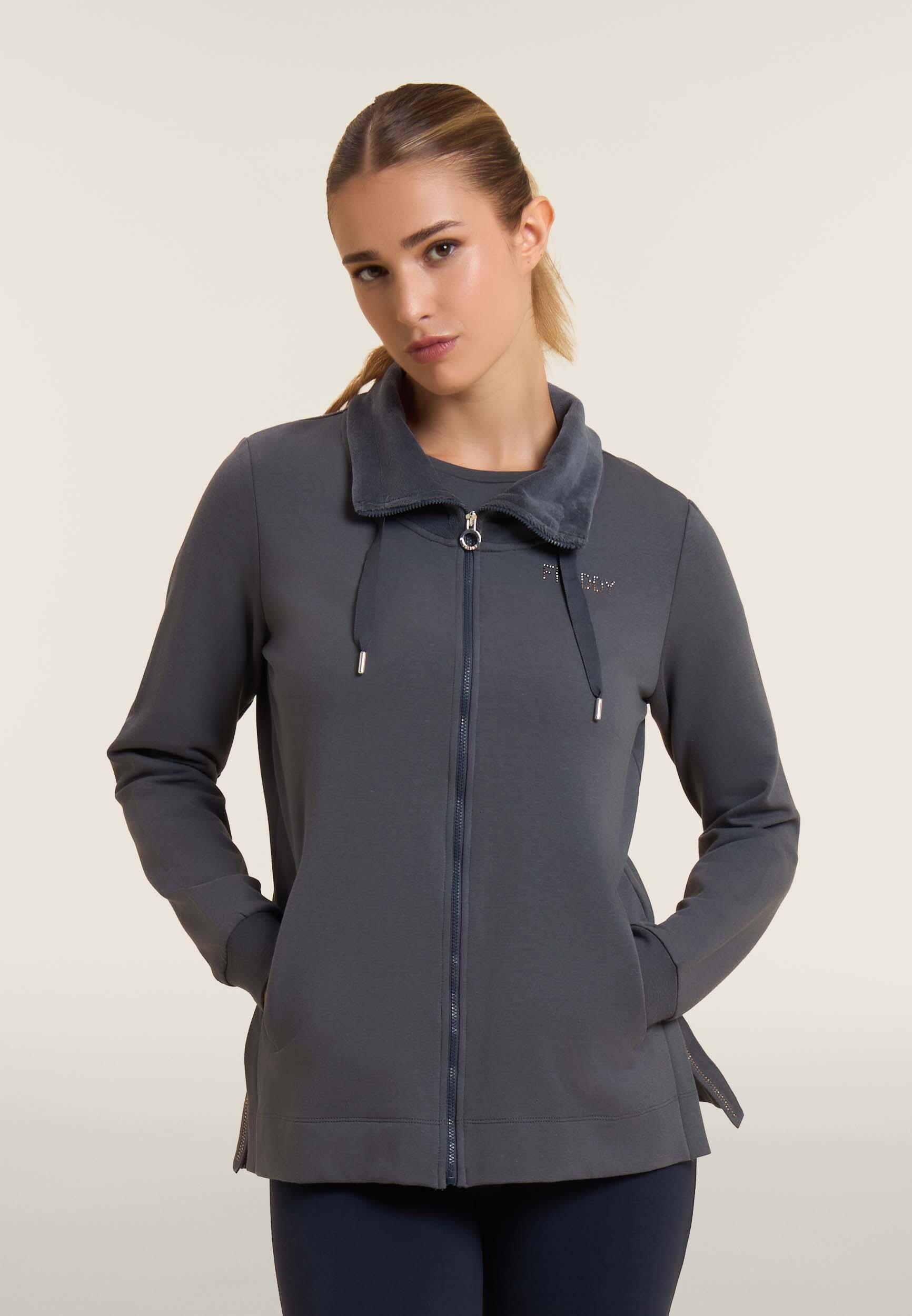 Felpa da donna con zip, spacchi laterali e collo alto in velluto 2/4