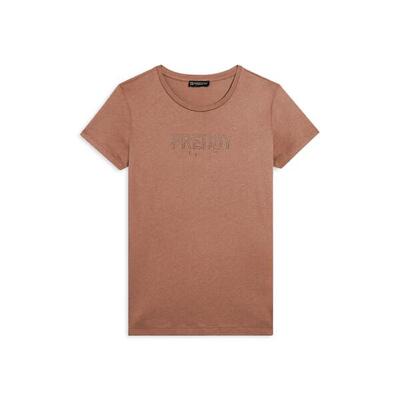 T-shirt donna con mini spacchi laterali e logo in strass