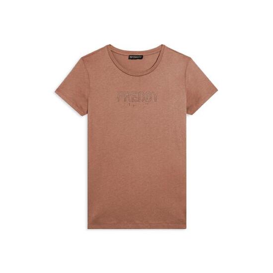 T-shirt donna con mini spacchi laterali e logo in strass
