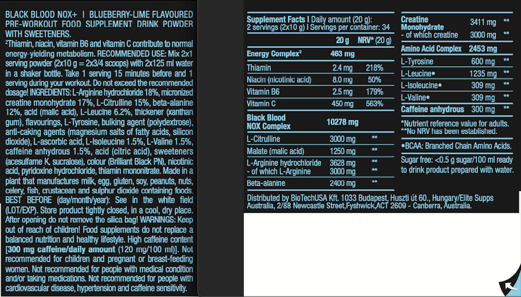 Pre-workout - Black Blood NOX+ - Myrtille Citron Vert 330g 3/5