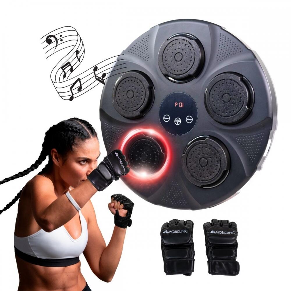 MOBICLINIC Máquina de boxe musical com 9 modos Inclui luvas Luzes Ecrã LED e Bluetooth