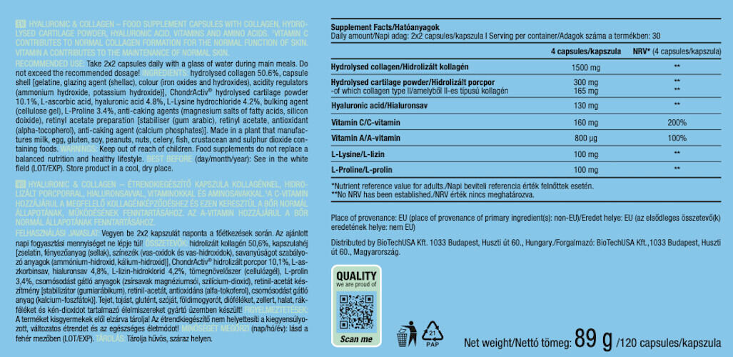 Hyaluronsäure und Kollagen - 120 Kapseln Biotech USA 3/6