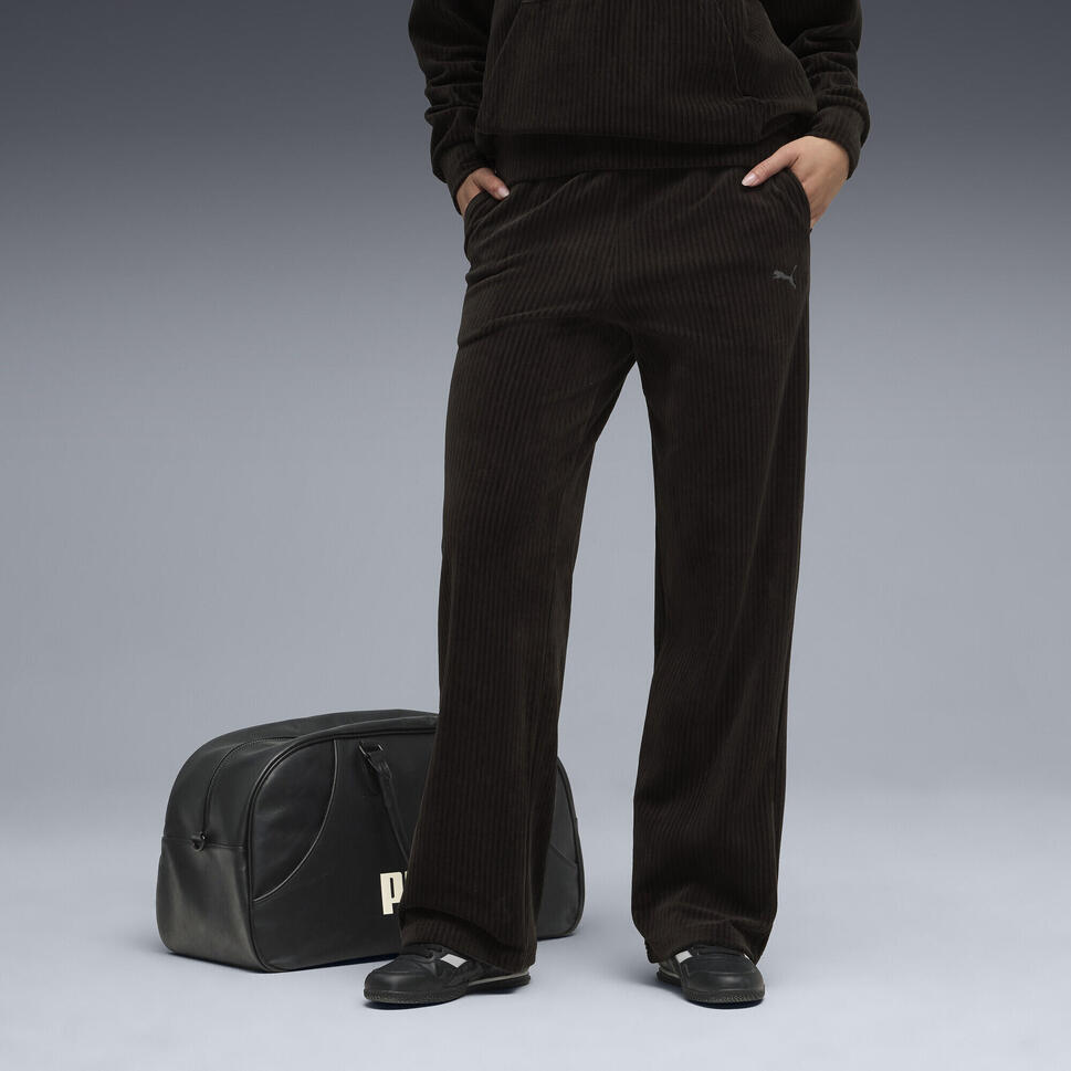 Damskie spodnie Essentials Elevated Velour Rib z prostymi nogawkami PUMA Black