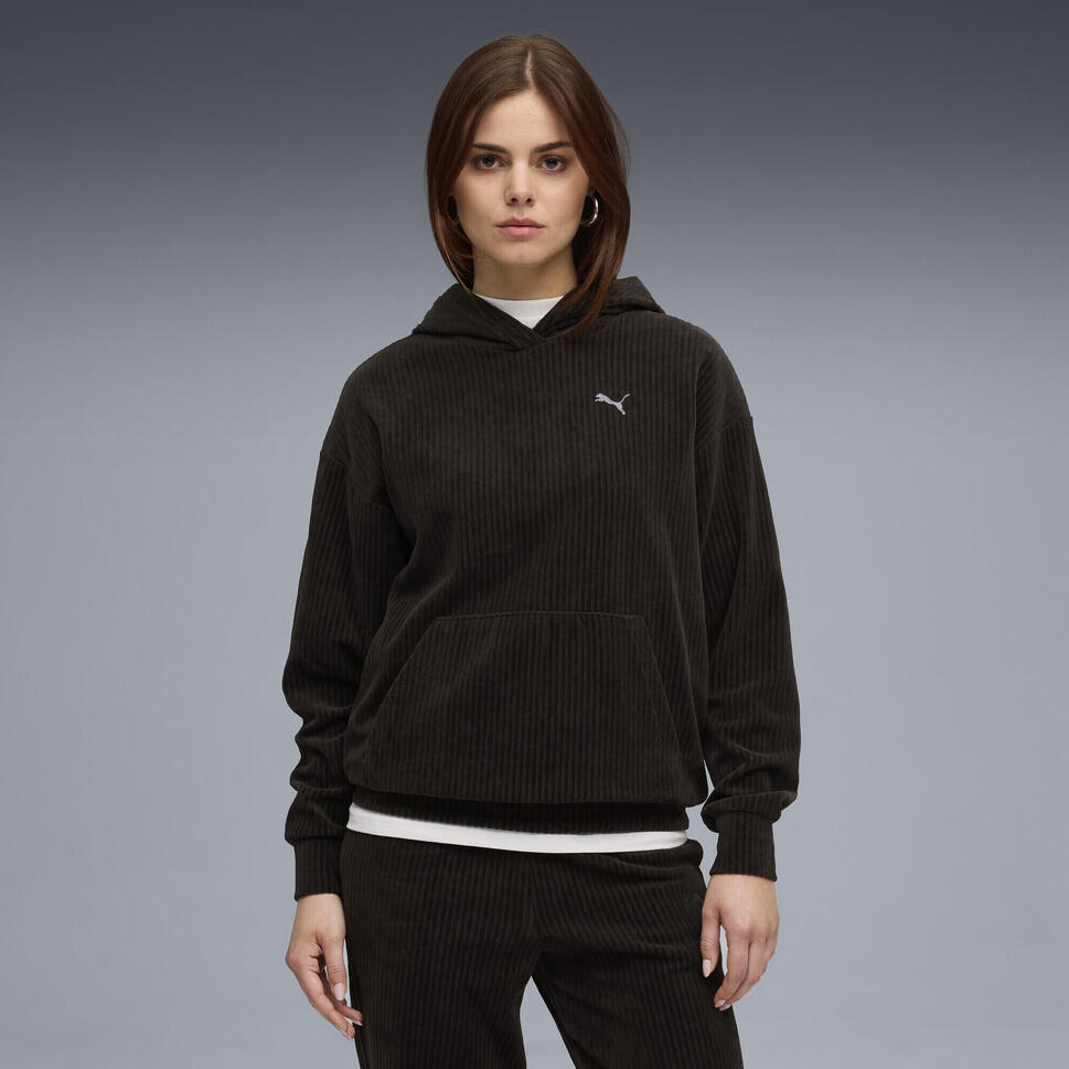 Damska bluza z kapturem Essentials Elevated Comfort Velour Rib PUMA Black