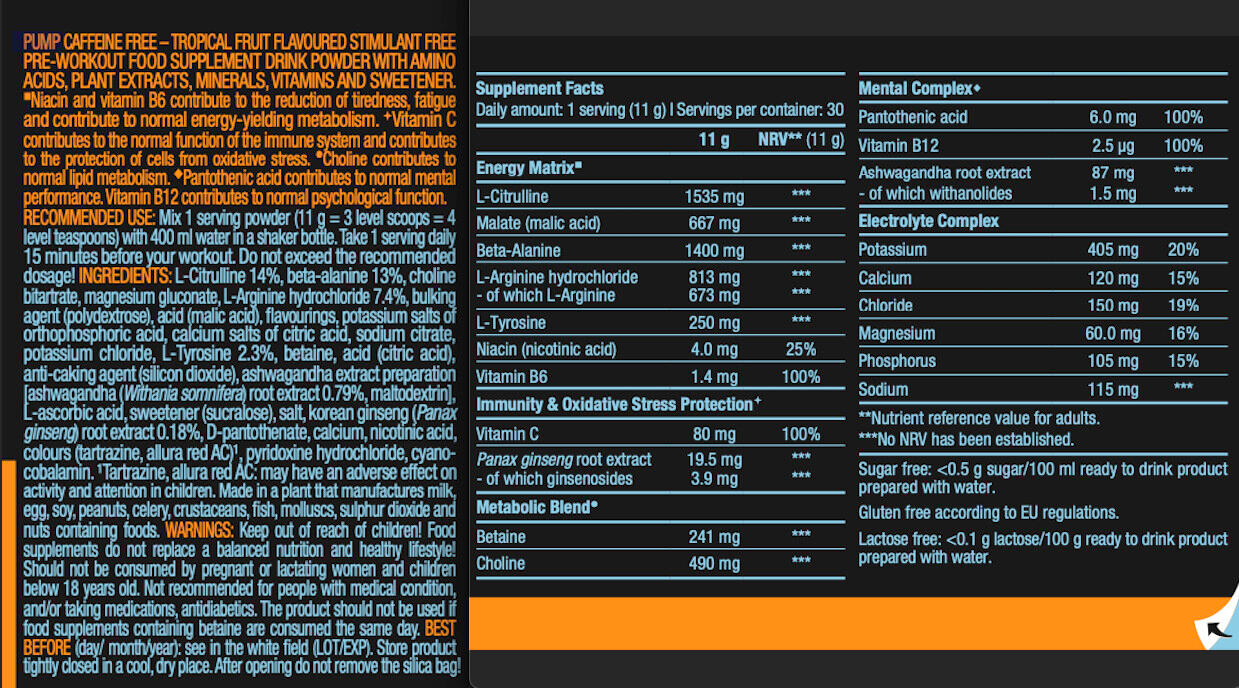 Pre-workout - Pump Caffeine Free - Fruits Tropicaux 330g 3/3